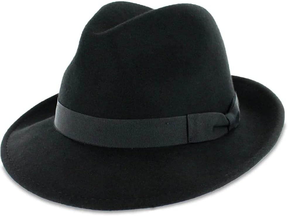 Belfry Crushable Dress Fedora Men's Vintage Style Hat 100% Pure Wool in Black Blue Grey Pecan Brown and Striped Bands (X-Large, Black)