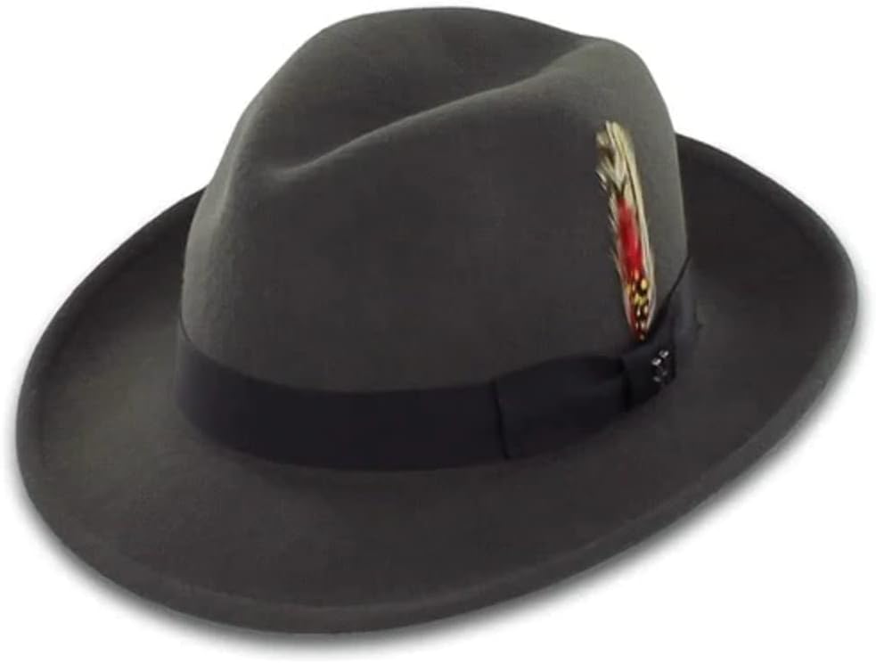 Belfry Crushable Dress Fedora Men's Vintage Style Hat 100% Pure Wool in Black Blue Grey Pecan Brown and Striped Bands (Small, Grey W. Black)