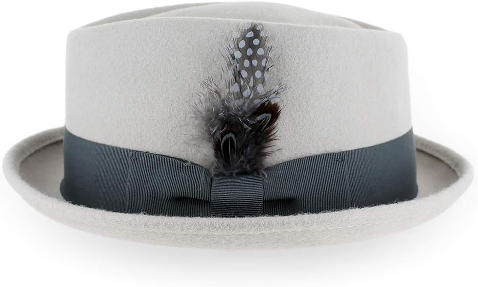 Belfry Crushable Porkpie Fedora Hat Men's Vintage Style 100% Pure Wool in Black Brown Grey Navy Pecan and Striped Band (Large, Silver Belly)