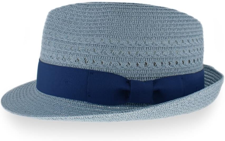 Belfry Men Women Summer Straw Trilby Fedora Hat in Blue Tan Black (JustBluNvy, Small)