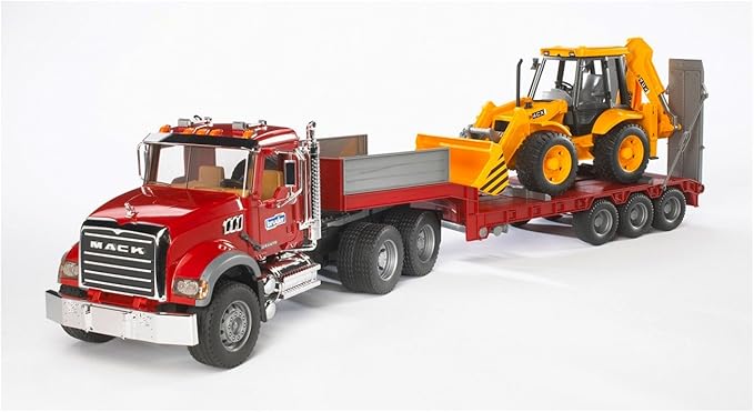 Bruder Toys 02813 Mack Granite Flatbed Truck with JCB Loader Backhoe