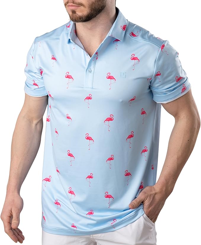 Uther Mens Golf Polo Moisture Wicking Quick-Dry Short Sleeve Shirt with Fashionable Designs for Men, Flamingo Lake (Men's Large)